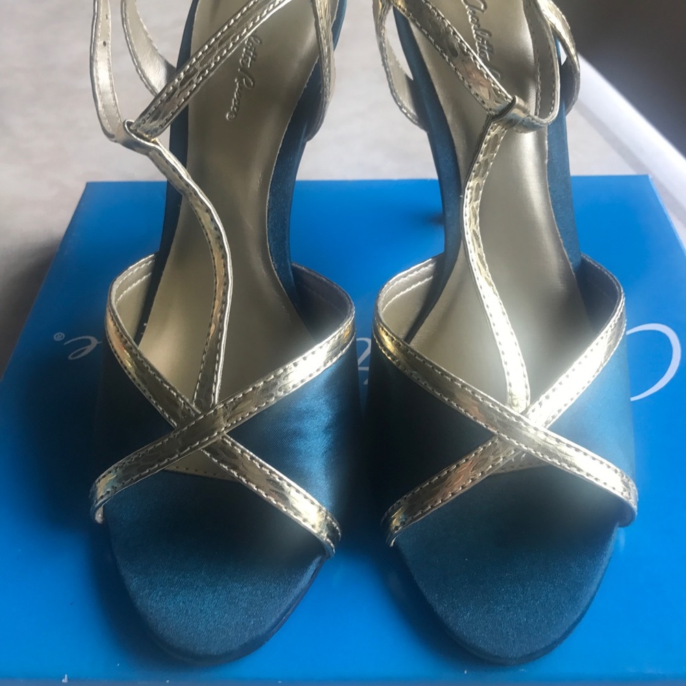 Brand new open toe gold dark teal blue satin shoes
